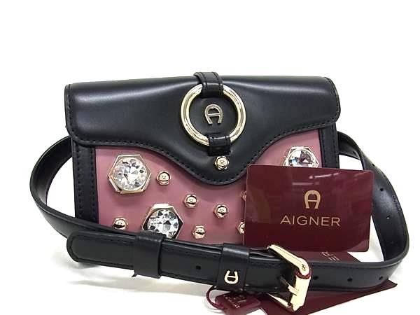 ■新品■未使用■ AIGNER アイグナー fiorentin レザー ビジュー ウエストバッグ ボディバッグ ブラック系×ピンク系 BL4559