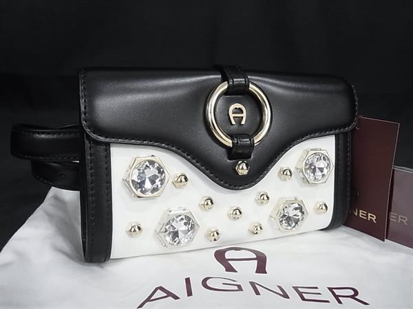 ■極美品■ AIGNER アイグナー fiorentin レザー ビジュー ウエストバッグ ボディバッグ ブラック系×ホワイト系 BM4396