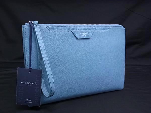 ■極美品■ PELLE MORBIDA ペッレ モルビダ レザー クラッチバッグ セカンドバッグ レディース メンズ ライトブルー系 BM7490