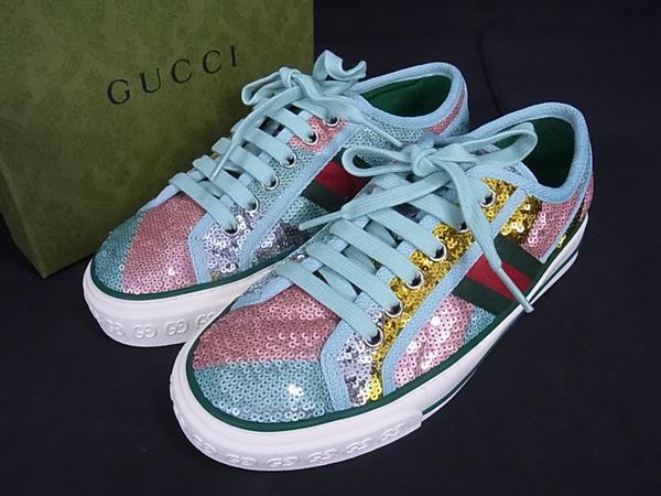 ■新品同様■ GUCCI グッチ シェリーライン スパンコール スニーカー サイズ35 (約22.0cm) 靴 シューズ ライトブルー系 BN0216