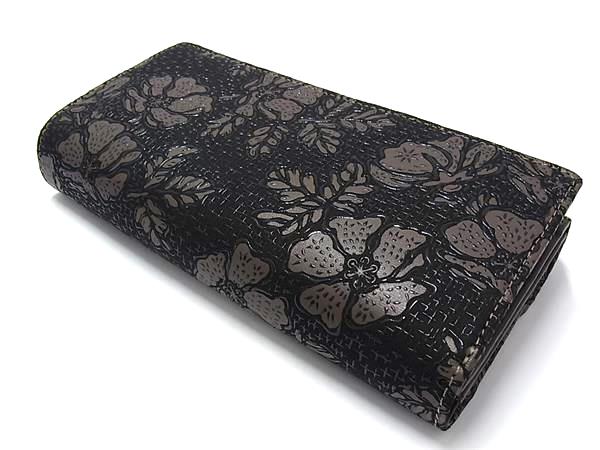 ■新品同様■ INDEN-YA 印傳屋 インデンヤ アデヤ 鹿革 漆塗り 花柄 三つ折り 長財布 ウォレット  レディース ブラック系 BP1132_1