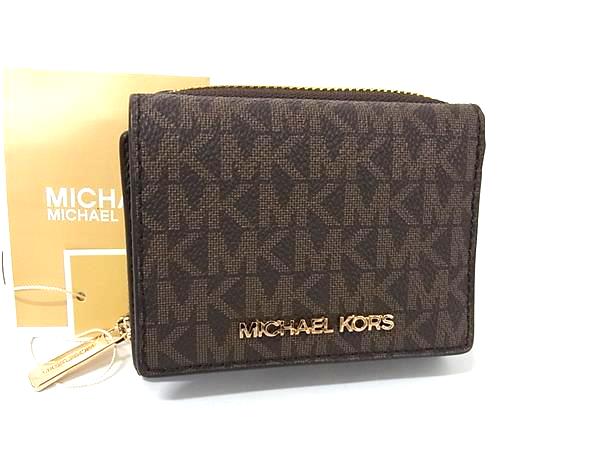 ■新品同様■ MICHAEL KORS マイケルコース MK柄 PVC 三つ折り コンパクト 財布 ウォレット レディース メンズ ブラウン系 BP1821