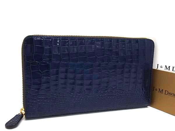 ■新品同様■ J＆M DAVIDSON ジェイアンドエムデヴィッドソン クロコダイル型押しレザー ラウンドファスナー 長財布 ブルー系 BQ0838