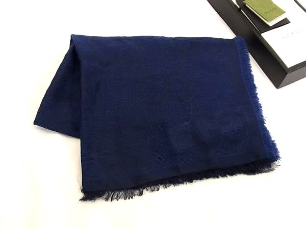 ■新品■未使用■ GUCCI グッチ 695139 GG柄 ウール76％×シルク24% スカーフ ストール ショール レディース ネイビー系 BQ5329