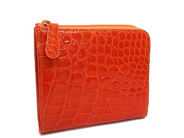 ■極上■本物■新品同様■ クロコダイル L字ファスナー 財布 ウォレット 小銭入れ 札入れ カード入れ オレンジ系 BR0527