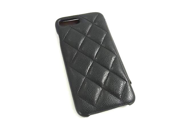 ■美品■ CHANEL シャネル ココマーク キャビアスキン iPhone8Plus アイフォンケース スマホケース レディース ブラック系 BS1452