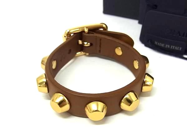■美品■ PRADA プラダ 1IB452 レザー スタッズ ブレスレット 表記サイズ M アクセサリー レディース メンズ ブラウン系 BS4761