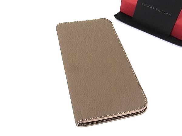 ■美品■ BONAVENTURA ボナベンチュラ レザー  iPhone 15Plus対応 ダイアリーケース アイフォンケース グレージュ系 BU0294