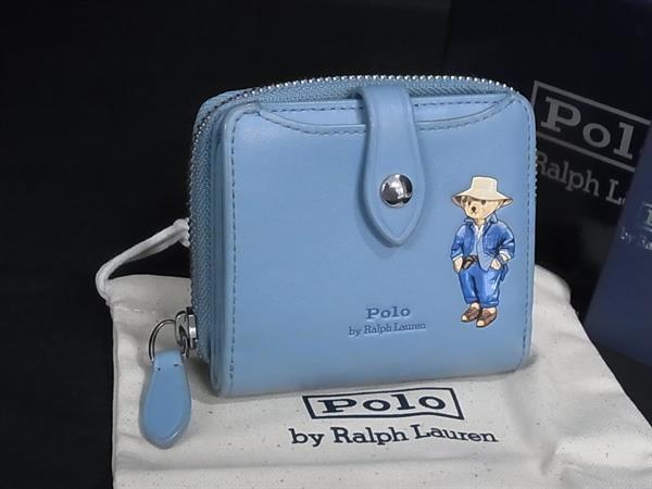 ■美品■ POLO RALPH LAUREN ポロラルフローレン ポロベア レザー 二つ折り 財布 ウォレット 札入れ ライトブルー系 BV1418