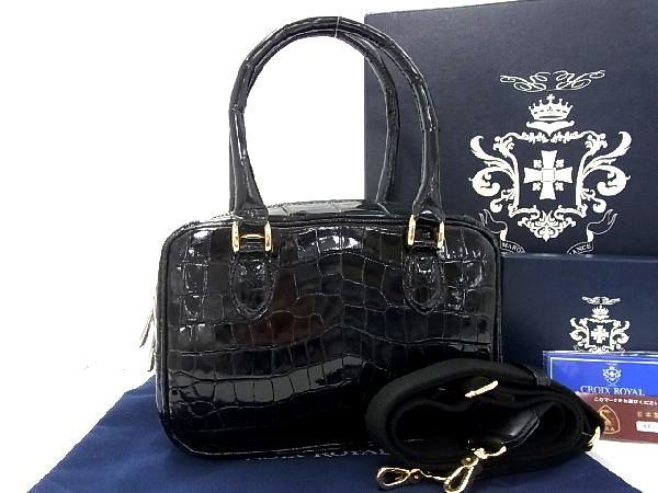 ■極上■本物■JRA公認■新品■未使用■ CROIX  クロワロワイヤル クロコダイル プリュム型 2WAY ハンドバッグ ブラック系 CB0960