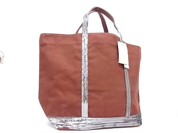 ■極美品■ vanessabruno ヴァネッサ ブリューノ キャンバス スパンコール ハンドバッグ トート ブラウン系×シルバー系 DB0061
