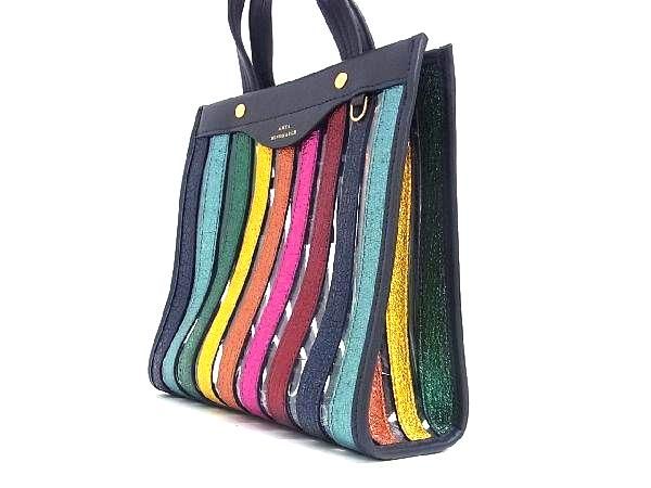 ■新品同様■ ANYA HINDMARCH アニヤハインドマーチ レザー ハンドバッグ トートバッグ レディース ネイビー系×マルチカラー FC0118_2