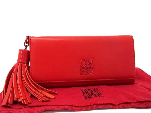 ■新品同様■ CH Carolina Herrera シーエイチキャロライナヘレラ レザー タッセル 三つ折り 長財布 ウォレット レッド系 FD2802