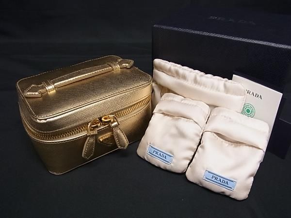 ■新品同様■ PRADA プラダ 1RM015 サフィアーノレザー アクセサリーケース ジュエリーケース 小物入れ ゴールド系 FE1348
