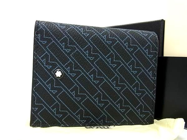 ■新品■未使用■ MONT BLANC モンブラン レザー 総柄 二つ折り 財布 ウォレット 定期入れ 名刺入れ 札入れ ブラック系×ブルー系 FE3189