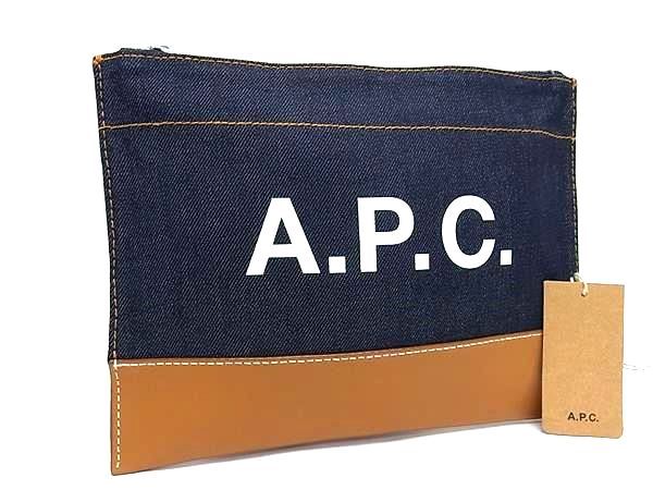 ■新品同様■ A.P.C. アーペーセー デニム×レザー クラッチ セカンドバッグ マルチケース 小物入れ ネイビー系×ブラウン系 FE4307