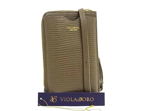 ■新品■未使用■ VIOLAd’ORO ヴィオラドーロ リザード型押しレザー ショルダーバッグ スマホポーチ レディース ブラウン系 FF4729