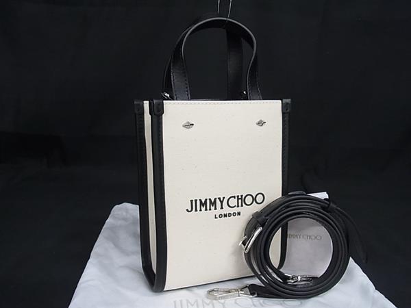 ■極美品■ JIMMY CHOO ジミーチュウ キャンバス×レザー 2WAY ハンドバッグ ショルダー クロスボディ アイボリー系 FF6377