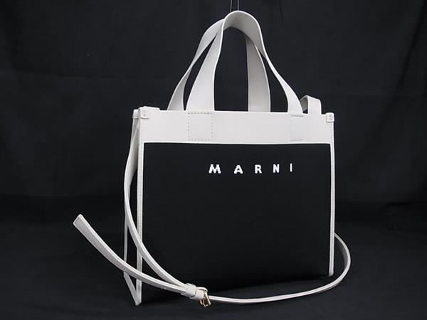 ■新品同様■ MARNI マルニ キャンバス 2WAY ハンドバッグ トート ショルダー レディース アイボリー系×ブラック系 FG8467