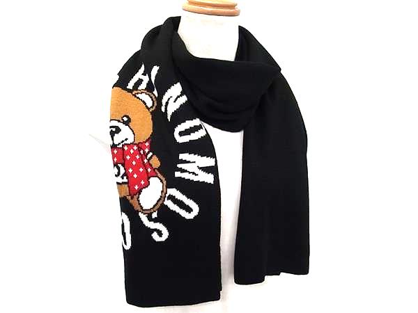 ■新品同様■ MOSCHINO モスキーノ ウール×アクリル テディベア フリンジ マフラー ストール 防寒具 レディース ブラック系 FG9616