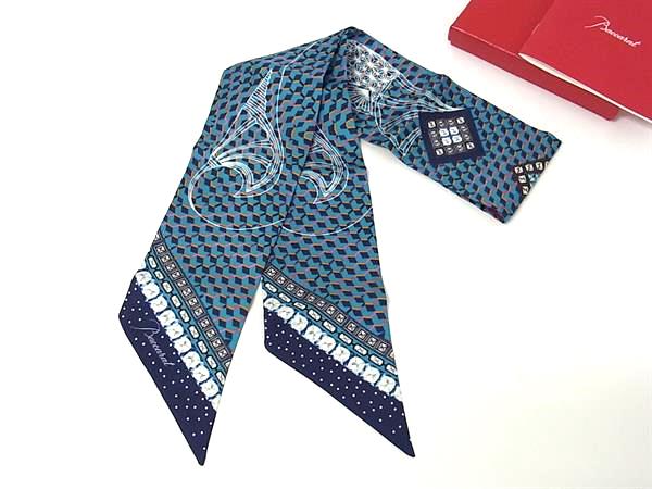 ■新品■未使用■ Baccarat バカラ シルク100% 総柄 リボンスカーフ レディース ブルー系×マルチカラー FG9692