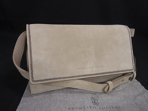■極美品■ BRUNELLO CUCINELLI ブルネロ クチネリ スエード×レザー ショルダーバッグ ショルダーウォレット ライトグレー系 FI6811