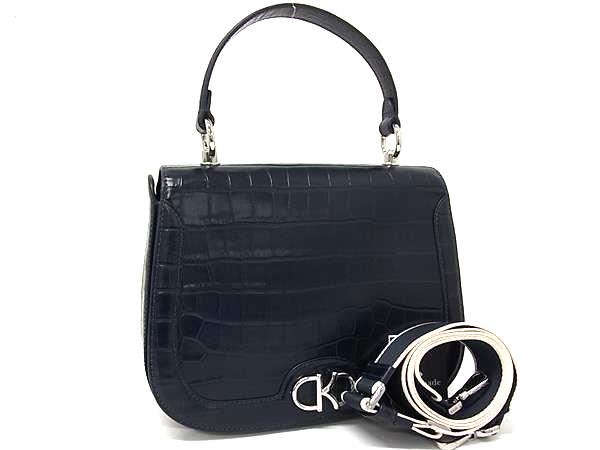 ■新品同様■ kate spade ケイトスペード KF524 クロコダイル型押しレザー 2WAY ハンドバッグ ショルダーバッグ ネイビー系 FJ2872