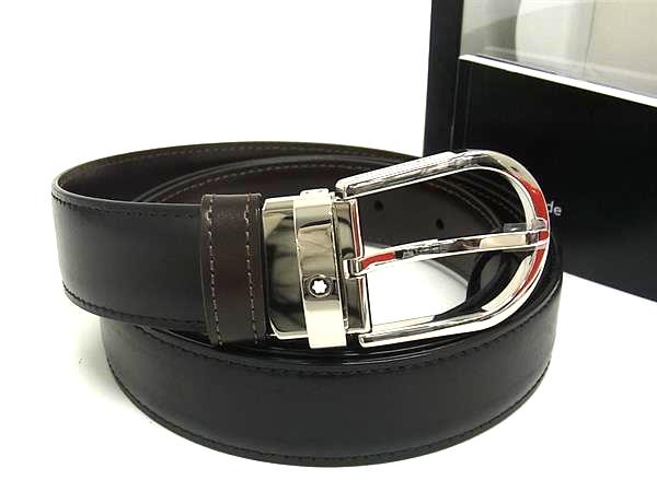 MONTBLANC レザー ベルト ブラック×ブラウン シルバー金具 保存袋・箱