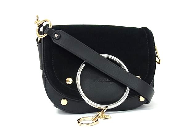 ■新品同様■ SeeByChloe シーバイクロエ マラ レザー×スエード クロスボディ ショルダーバッグ 斜め掛け 肩掛け ブラック系 FJ6930