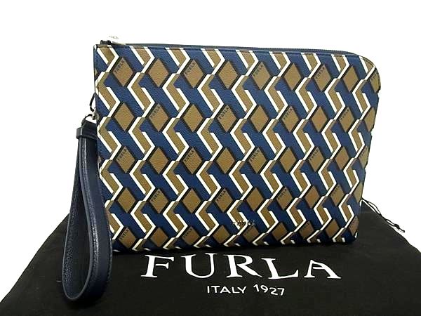 ■新品■未使用■ FURLA フルラ  MAN PROJECT レザー 総柄 クラッチバッグ セカンドバッグ メンズ カーキ系×ネイビー系 FJ7604