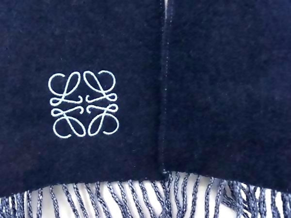 ■新品同様■ LOEWE ロエベ アナグラム ウール×カシミヤ フリンジ マフラー ストール ショール 防寒具 レディース ネイビー系 FL7580_1