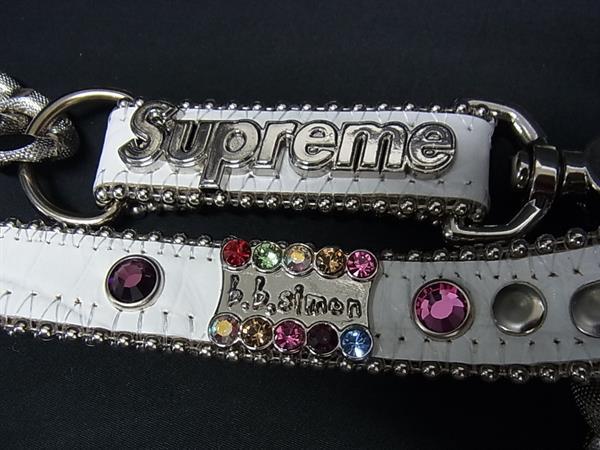 ■極美品■ b.b.simon ビービーサイモン シュプリームコラボ レザー カラーストーン ベルト シルバー系×ホワイト系 FL9458