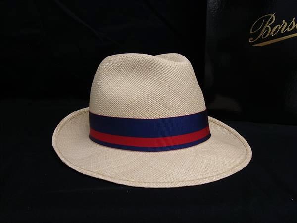 ■新品同様■ BORSALINO ボルサリーノ 天然草100％ 麦わら帽子 ストローハット 帽子 サイズ 58 ライトベージュ系×ブルー系 FL9514