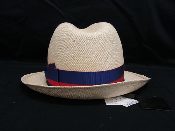 ■新品同様■ BORSALINO ボルサリーノ 天然草100％ 麦わら帽子 ストローハット 帽子 サイズ 58 ライトベージュ系×ブルー系 FL9514_1