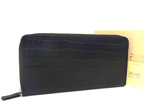 ■新品同様■ PRARE プレリー クロコダイル型押しレザー ラウンドファスナー 長財布 ウォレット ブラック系×ネイビー系 FM2838