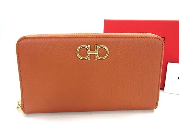 ■新品■未使用■ Ferragamo フェラガモ IY-220405 ダブルガンチーニ レザー ラウンドファスナー 長財布 オレンジ系 FM3677