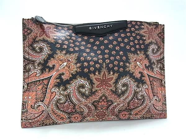■新品同様■ GIVENCHY ジバンシィ レザー ペイズリー柄 クラッチバッグ セカンドバッグ レディース ブラック系×オレンジ系 FM4304