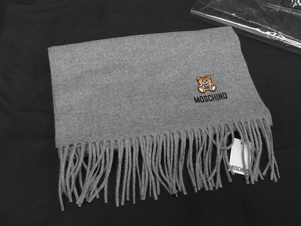 ■新品■未使用■ MOSCHINO モスキーノ ウール100％ テディベア フリンジ マフラー ストール 防寒具 レディース グレー系 FM6699