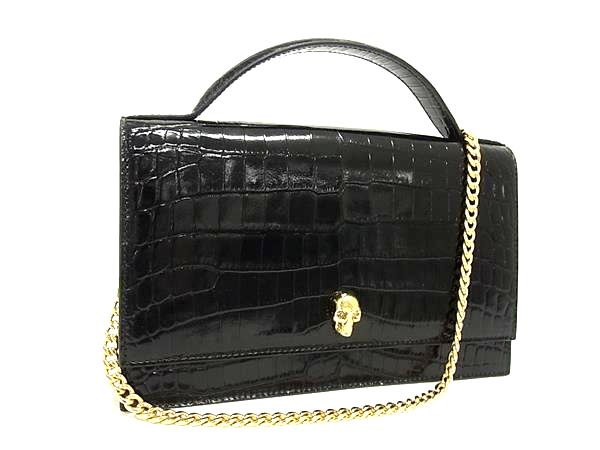 ■極美品■ALEXANDER McQUEEN アレキサンダー マックイーン クロコダイル型押しレザー 2WAY ハンドバッグ ショルダー 斜めがけ FN0434