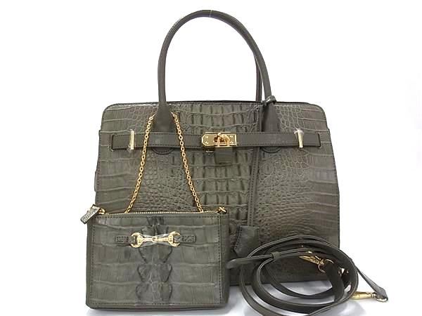 ■極上■本物■新品同様■ クロコダイル カイマン ポーチ付き トートバッグ ハンドバッグ レディース カーキ系 FN0487