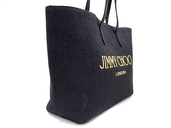 ■極美品■ JIMMY CHOO ジミーチュウ マルニ ストロー×レザー トートバッグ ハンドバッグ レディース ブラック系 FN1682