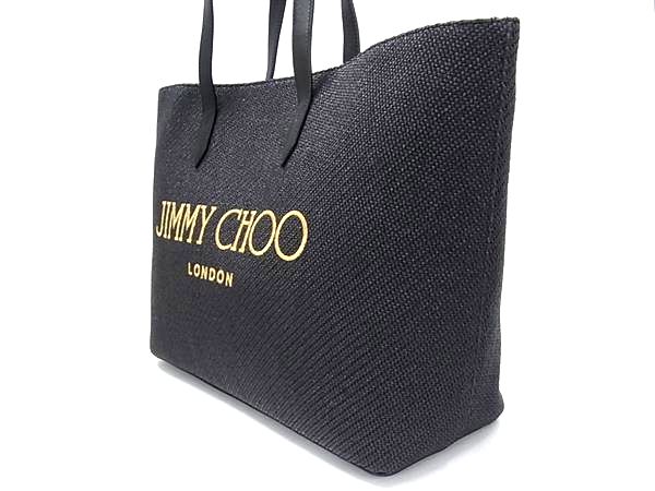 ■極美品■ JIMMY CHOO ジミーチュウ マルニ ストロー×レザー トートバッグ ハンドバッグ レディース ブラック系 FN1682