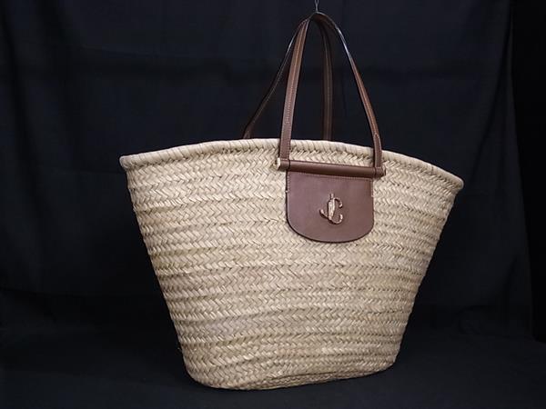 ■極美品■ JIMMY CHOO ジミーチュウ MACY ラフィア×レザー トートバッグ ハンドバッグ ショルダー 肩掛け ベージュ系 FN1701