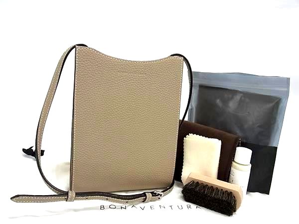■極美品■ BONAVENTURA ボナベンチュラ レザー ワンショルダーバッグ クロスボディ ポシェット 斜め掛け グレージュ系 FN2978