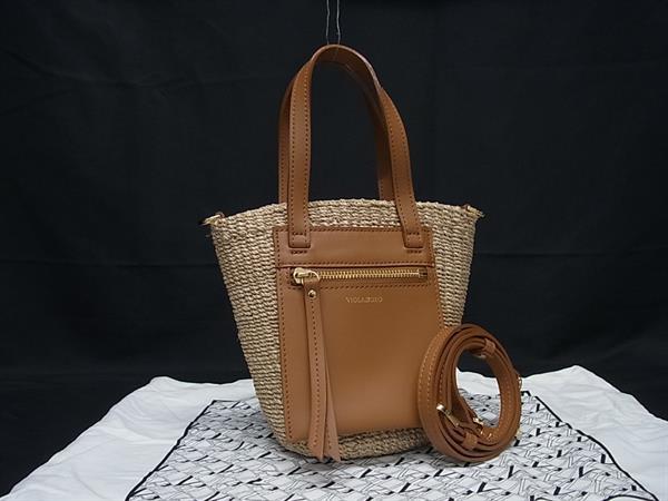 ■新品同様■ VIOLAd’ORO ヴィオラドーロ ストロー×レザー 2WAY ハンドバッグ ショルダーバッグ  レディースブラウン系 FN8628