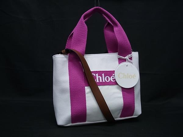 ■新品同様■ Chloe クロエ キャンバス 2WAY ハンドバッグ トートバッグ ショルダー レディース ホワイト系×ピンク系 FN8639