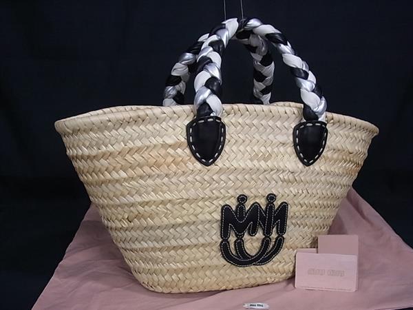 ■極美品■ miumiu ミュウミュウ ストロー×レザー カゴバッグ トートバッグ ハンドバッグ レディース ベージュ系 FN8687