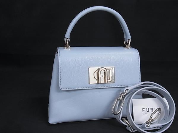 ■新品同様■ FURLA フルラ 1927 レザー 2WAY クロスボディ ハンドバッグ ショルダー 斜め掛け レディース ライトブルー系 FP5613