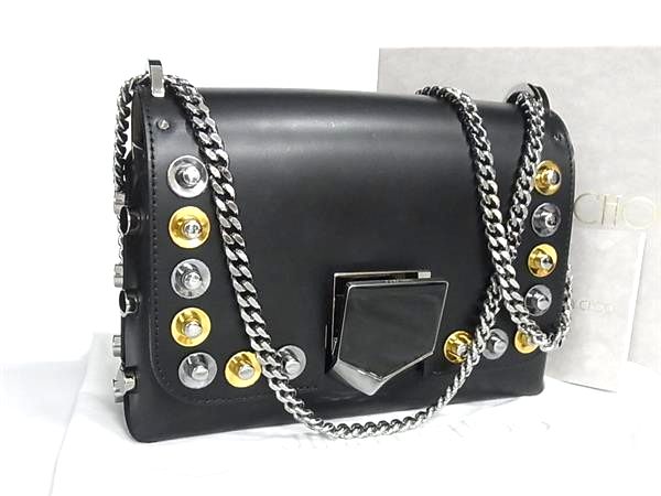 ■美品■ JIMMY CHOO ジミーチュウ ロケット プティ レザー スタッズ チェーン クロスボディ ショルダーバッグ ブラック系 FQ9033 26,715円