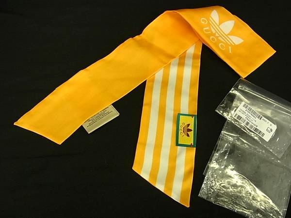 ■新品■未使用■ GUCCI グッチ 703568 アディダス adidas ネックボウ シルク100% リボンスカーフ イエロー系×ホワイト系 FQ9431